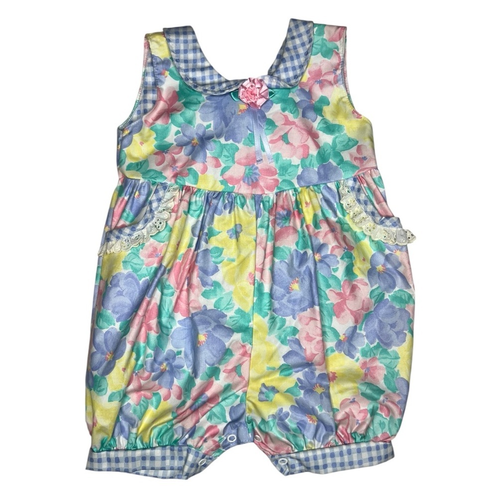 Vintage Buster Brown Baby Romper 24M Floral Gingham USA Made Cottagecore Spring - Picture 2 of 7